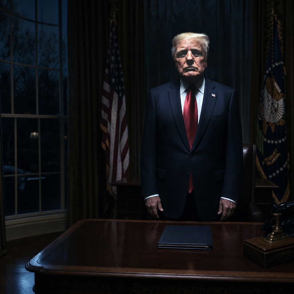 Love Me, the same figure standing in a dim chamber with flags